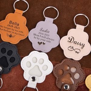 May include: A collection of paw-shaped keychains in various colors, including orange, purple, and brown. Each keychain features a silver keyring and personalized text, such as names and dates. Some keychains have paw print designs.