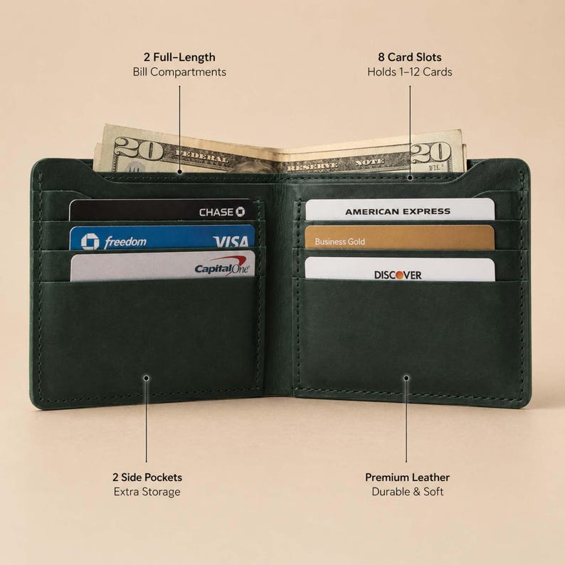 Pu&ograve; includere: Portafoglio in pelle verde scuro aperto, con scomparti per carte e banconote. Contiene diverse carte di credito e una banconota da venti dollari. Presenta 2 scomparti per banconote a tutta lunghezza, 8 fessure per carte e 2 tasche laterali. Realizzato in pelle di alta qualit&agrave;.