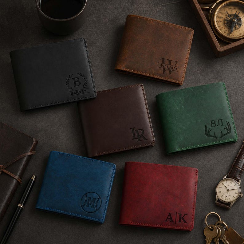 Pu&ograve; includere: Una collezione di portafogli in pelle personalizzati in vari colori, tra cui nero, marrone, blu e rosso. Ogni portafoglio presenta iniziali o nomi personalizzati, con dettagli come un monogramma o un nome inciso sul davanti. I portafogli sono disposti su una superficie scura.