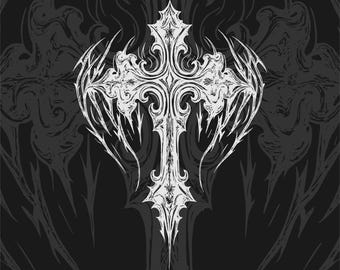 Gotisk tribal korsillustration, mörkt ornamentalt bevingat kors, svartvit tatueringsdesign digital nedladdning