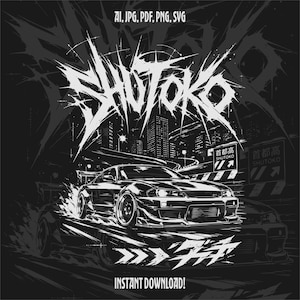May include: A black and white digital illustration featuring a sports car drifting on a city highway at night. The text SHUTOKO is displayed in a jagged, stylised font above the car, with additional Japanese characters and road signs.