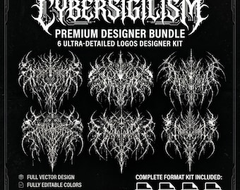 May include: A black graphic design featuring the text "CYBERSIGILISM" and "PREMIUM DESIGNER BUNDLE". The image showcases six ultra-detailed logos in white, along with icons indicating file formats such as AI, PNG, PDF, and SVG.