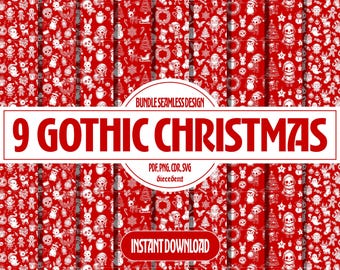 Op de afbeelding: Een verzameling van negen naadloze patronen met een rode achtergrond en witte gotische kerstillustraties. De patronen bevatten schedels, sneeuwmannen, kerstbomen en andere feestelijke elementen. De tekst "9 GOTHIC CHRISTMAS" is zichtbaar.