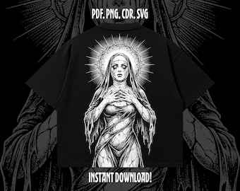 May include: Black t-shirt featuring a detailed black and white illustration of a woman with a halo, hands clasped at her chest. The text "PDF, PNG, CDR, SVG" and "INSTANT DOWNLOAD!" are also visible.