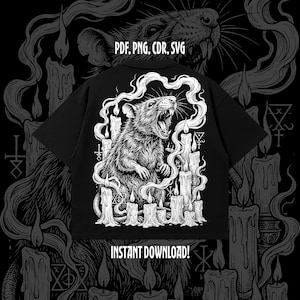 Può includere: T-shirt nera con un'illustrazione dettagliata in bianco e nero di un ratto con la bocca aperta, circondato da candele e fumo. Il testo "PDF, PNG, CDR, SVG" e "INSTANT DOWNLOAD!" sono visibili.