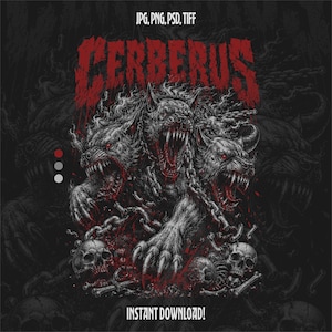 Puede incluir: Ilustración detallada de Cerbero, el perro de tres cabezas de la mitología griega, en tonos grises y rojos. La imagen incluye calaveras, cadenas y el texto "CERBERUS" y "INSTANT DOWNLOAD!" sobre un fondo oscuro.