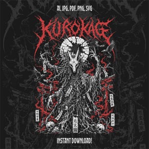 Könnte beinhalten: Eine digitale grafische Illustration mit dem Text KUROKAGE in roter, stilisierter Schrift. Das Kunstwerk zeigt eine zentrale Figur mit Fuchsmaske, umgeben von Raben, Torii-Toren und Totenköpfen in einer Farbpalette aus Schwarz, Weiß und Rot. Der Text umfasst AI, JPG, PDF, PNG, SVG und INSTANT DOWNLOAD.