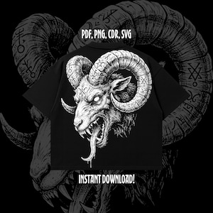 May include: Black t-shirt featuring a detailed white illustration of a ram's head with large horns, an open mouth, and a long tongue. The text "PDF, PNG, CDR, SVG" and "INSTANT DOWNLOAD!" are also visible.