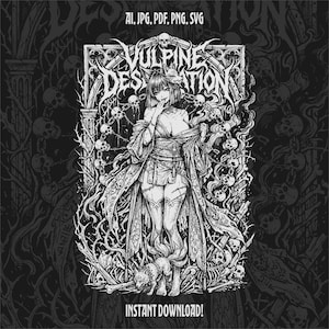 May include: Black and white illustration featuring a woman with fox ears and a kimono, surrounded by skulls and gothic elements. The text "Vulpine Desecration" is at the top, with "Instant Download!" at the bottom. The artwork has a dark, detailed style.