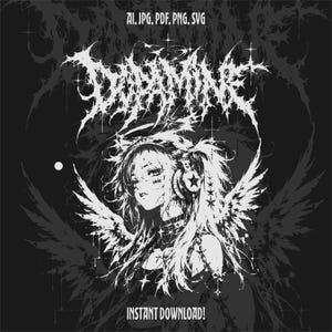 May include: Black and white digital illustration featuring a stylized anime-style woman with angel wings and headphones. The image includes the text "AI. JPG. PDF. PNG. SVG" and "INSTANT DOWNLOAD!" in a gothic font.