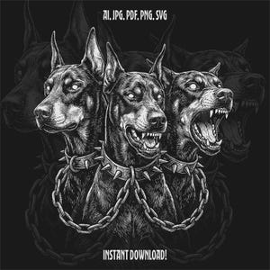 Cerberus Doberman Illustration, Three Headed Guard Dog Art, Black and White Tattoo Digital Download