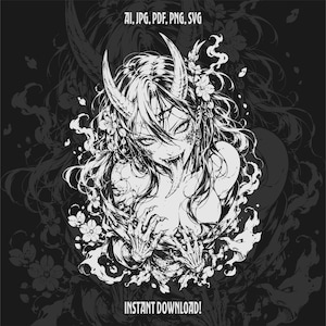 Oni Demon Girl Shirt Design PNG SVG, Mörk Anime Yokai, Horned Succubus, Sakura Horror POD Sublimering Ladda ner