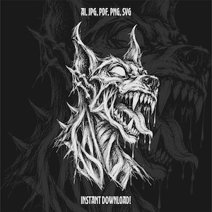 May include: A black and white digital illustration of a snarling, aggressive canine head with sharp teeth and visible saliva. The text AI, JPG, PDF, PNG, SVG and INSTANT DOWNLOAD! appears in white lettering against a dark background.