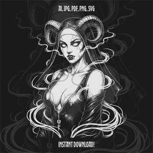 May include: A black and white digital illustration of a horned figure wearing a habit and a rosary, featuring cracked skin texture and glowing eyes. The text AI, JPG, PDF, PNG, SVG and INSTANT DOWNLOAD! is visible on the dark background.