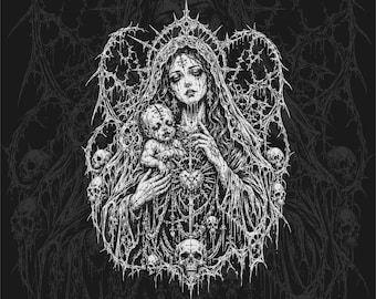 May include: A black and white digital illustration featuring a figure holding a small child, surrounded by intricate thorny vines and skulls. The text AI, JPG, PDF, PNG, SVG and INSTANT DOWNLOAD! is visible. The design has a dark, detailed aesthetic.