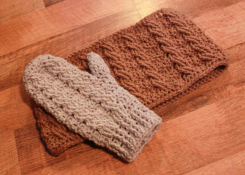 Instant Download Crochet Pattern Cable Mittens and Cowl Adult size image 5