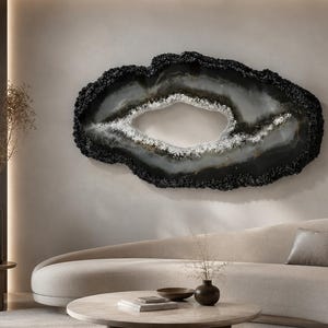 Black Silver Geode Wall Art, Large Abstract Resin Painting 47x23 in, Agate Slice Sculpture, Luxury Modern Home Decor, Obsidian Flow