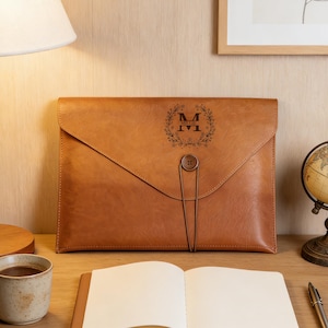 May include: A tan leather document holder with a button closure and a decorative initial "M" inside a wreath. The holder is on a wooden desk with a coffee cup, a notebook, and a globe.
