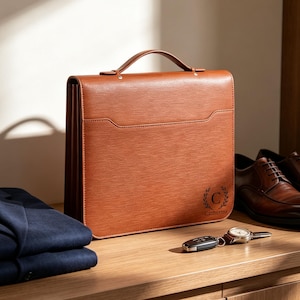 May include: A tan leather-textured document case with a top handle, featuring a circular laurel wreath emblem with the letter C and the name Catherine printed in black. The case has a structured rectangular shape with visible stitching details.