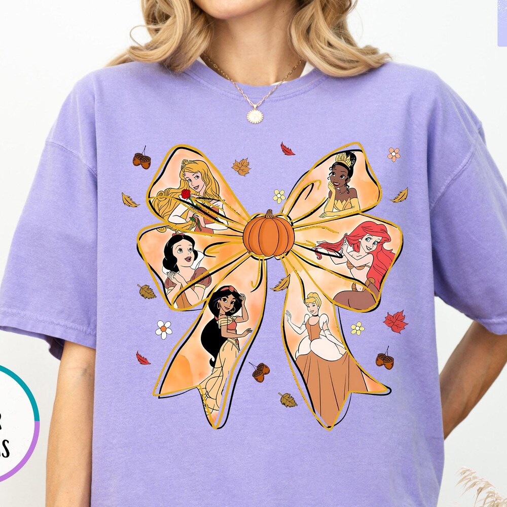 Comfort Princess Autumn Coquette Bow Shirt, Disney Castle Halloween Gift, Woman Fall Vibes Shirt, Pumpkin Girl Spooky Season Shirt Alldaytee