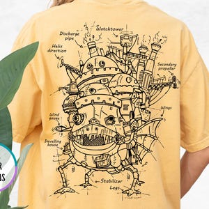 Puede incluir: Una camiseta amarilla mostaza con un dibujo de l&iacute;nea negra de una m&aacute;quina voladora en la espalda. El dibujo est&aacute; etiquetado con detalles como "Watchtower", "Discharge pipe", "Helix direction", "Secondary propeller", "Wind gauge", "Develling house", "Stabilizer Legs" y "Wings".