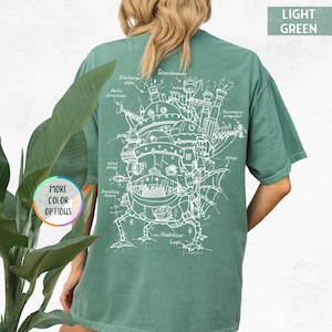 Puede incluir: Una camiseta verde claro con un contorno blanco de una m&aacute;quina voladora con las palabras "Watchtower", "Discharge pipe", "Helix direction", "Wind gauge", "Develing house", "Secondary propeller", "Wings" y "&rarr;Stabilizer Legs" en la espalda.