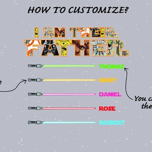 Puede incluir: Dise&ntilde;o gr&aacute;fico con el texto "I AM THE FATHER" en estilo c&oacute;mic. Debajo, sables de luz con nombres: Thomas, Mary, Daniel, Rose y Robert. El texto indica que puedes personalizar los nombres.