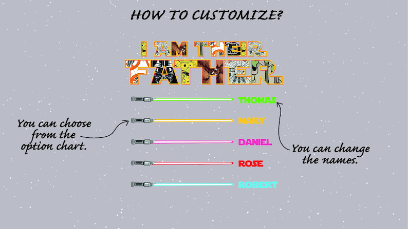 Puede incluir: Dise&ntilde;o gr&aacute;fico con el texto "I AM THE FATHER" en estilo c&oacute;mic. Debajo, sables de luz con nombres: Thomas, Mary, Daniel, Rose y Robert. El texto indica que puedes personalizar los nombres.