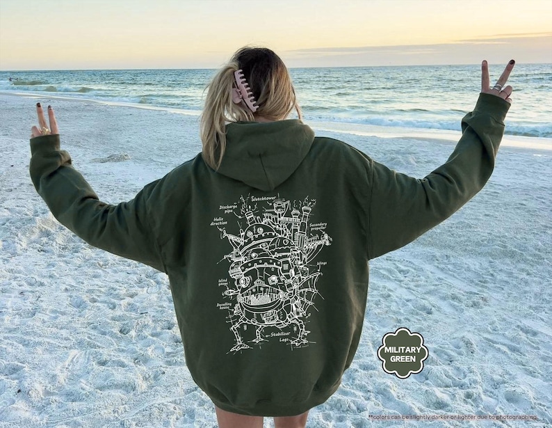 May include: A green hooded sweatshirt with a white graphic print of a flying machine with the text "Discharge" and "Air direction" on it.