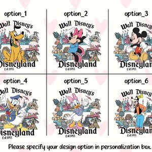 May include: Six Disney-themed designs featuring various characters like Pluto, Minnie Mouse, Mickey Mouse, Donald Duck, Daisy Duck, and Goofy. Each design includes the text "Walt Disney's Disneyland Est. 1955". The designs are on a white background with pink heart accents.