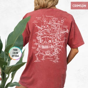 Puede incluir: Una camiseta de color rojo oscuro con un contorno blanco de una m&aacute;quina voladora con el texto "Watchtower", "Discharge pipe", "Helix direction", "Secondary propeller", "Wings", "Wind gauge", "Develling house" y "Stabilizer Legs".