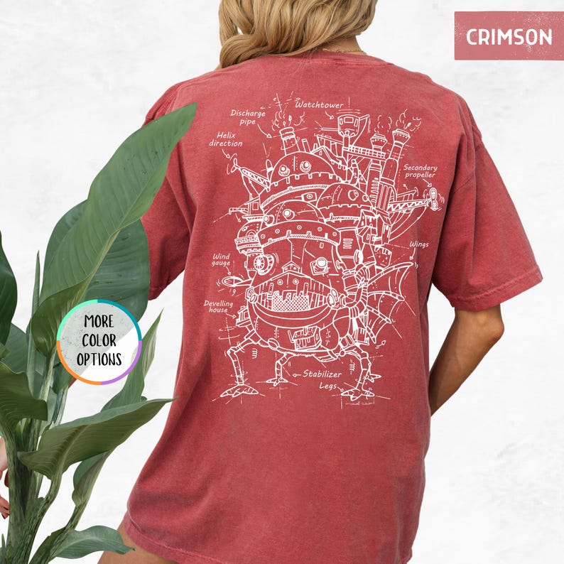 Puede incluir: Una camiseta de color rojo oscuro con un contorno blanco de una m&aacute;quina voladora con el texto "Watchtower", "Discharge pipe", "Helix direction", "Secondary propeller", "Wings", "Wind gauge", "Develling house" y "Stabilizer Legs".