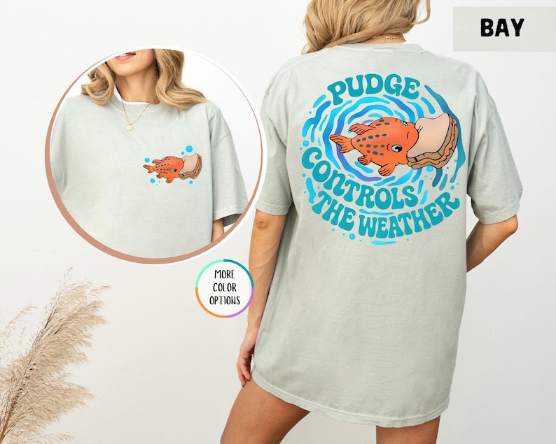 Puede incluir: Camiseta gris claro con un dise&ntilde;o de pez de dibujos animados. La parte posterior de la camiseta tiene un gr&aacute;fico m&aacute;s grande con el texto "Pudge Controls The Weather" en azul y blanco. La parte delantera tiene una versi&oacute;n m&aacute;s peque&ntilde;a del dise&ntilde;o del pez.