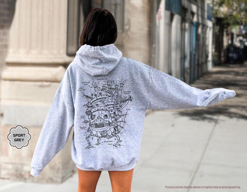 May include: A gray hooded sweatshirt with a black and white illustration of a flying machine on the back. The illustration is labeled with different parts of the machine.