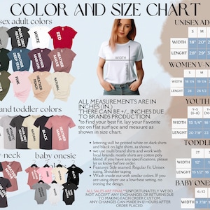 K&ouml;nnte beinhalten: Farb- und Gr&ouml;&szlig;entabelle f&uuml;r Unisex-Erwachsene, Jugend, Kleinkinder, Damen-V-Ausschnitt und Baby-Bodys. Enth&auml;lt eine Vielzahl von Farben und Ma&szlig;e in Zoll. Die Tabelle zeigt auch die Gr&ouml;&szlig;enangaben f&uuml;r jeden Stil.