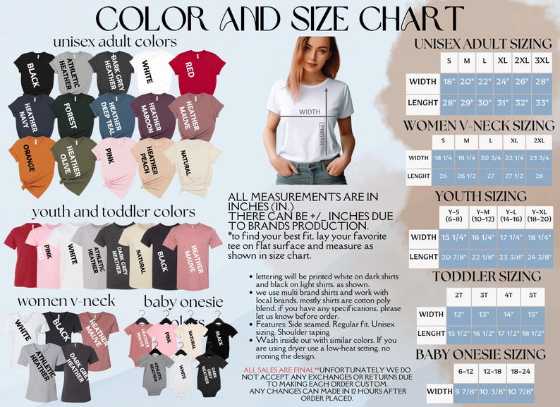 K&ouml;nnte beinhalten: Farb- und Gr&ouml;&szlig;entabelle f&uuml;r Unisex-Erwachsene, Jugend, Kleinkinder, Damen-V-Ausschnitt und Baby-Bodys. Enth&auml;lt eine Vielzahl von Farben und Ma&szlig;e in Zoll. Die Tabelle zeigt auch die Gr&ouml;&szlig;enangaben f&uuml;r jeden Stil.