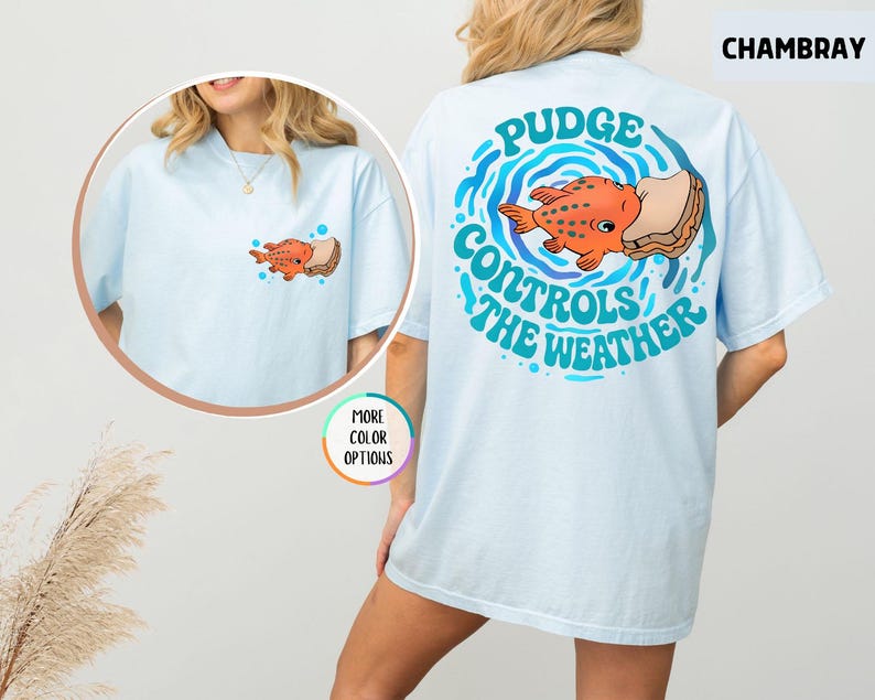 Puede incluir: Camiseta azul claro con un dise&ntilde;o de pez de dibujos animados. La parte delantera de la camiseta presenta un peque&ntilde;o gr&aacute;fico de pez y s&aacute;ndwich. La parte trasera de la camiseta tiene un dise&ntilde;o m&aacute;s grande con el texto "Pudge Controls The Weather" en verde azulado.