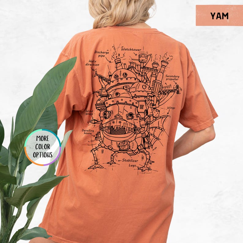 Puede incluir: Una camiseta naranja quemada con un dibujo en l&iacute;nea negra de una m&aacute;quina voladora en la espalda. El dibujo est&aacute; etiquetado con detalles como "Watchtower", "Discharge pipe", "Halix direction", "Develling house", "Stabilizer Legs", "Secondary propeller" y "Wings".