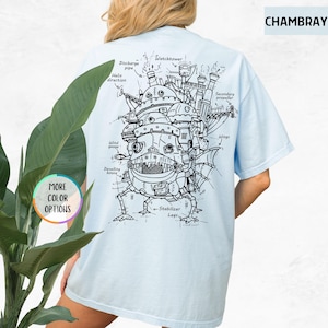 Puede incluir: Una camiseta azul claro con un dibujo en blanco y negro de una m&aacute;quina voladora con las palabras "Watchtower", "Discharge pipe", "Helix direction", "Secondary propeller", "Wings", "Wind gauge", "Develling house" y "Stabilizer Legs" etiquetadas en el dibujo.