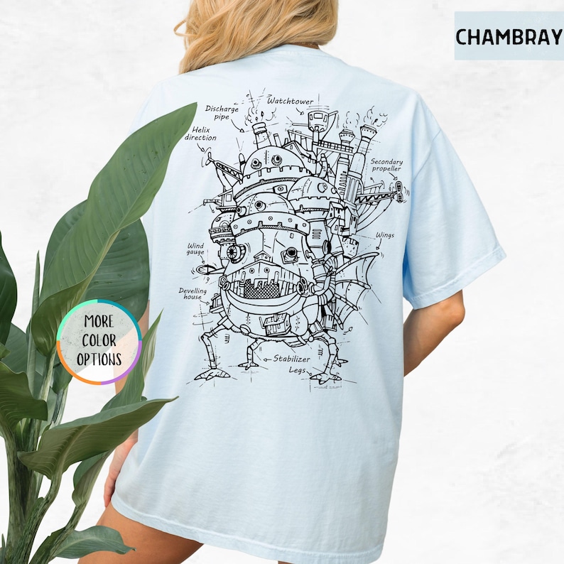 Puede incluir: Una camiseta azul claro con un dibujo en blanco y negro de una m&aacute;quina voladora con las palabras "Watchtower", "Discharge pipe", "Helix direction", "Secondary propeller", "Wings", "Wind gauge", "Develling house" y "Stabilizer Legs" etiquetadas en el dibujo.