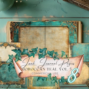 Junk Journal dubbele pagina's groenblauw en goud x 8, commercieel gebruik, Marokkaanse esthetiek, Perzisch Arabisch, exotische reizen plakboek collage blad afdrukken