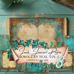 Junk Journal dubbele pagina's groenblauw en goud x 8, commercieel gebruik, Marokkaanse esthetiek, Perzisch Arabisch, exotische reizen plakboek collage blad afdrukken