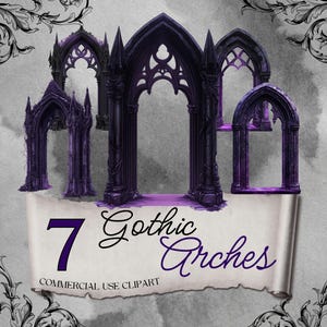 May include: Seven gothic arches in various sizes and styles, rendered in a dark purple color. The arches are set against a light gray background with a scroll at the bottom that reads "7 Gothic Arches, Commercial Use Clipart".