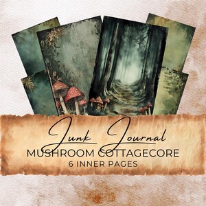 Junk Journal Kit Mushroom Half Pages | Commercial Use | 9 Digital Paper, Scrapbook Craft, Watercolor Cottagecore Green Fungi CC337