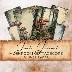 Junk Journal Kit Mushroom Half Pages | Commercial Use | 9 Digital Paper, Scrapbook Craft, Watercolor Cottagecore Green Fungi CC337