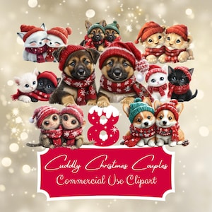 クリスマス動物カップルクリップアート x8 { 商用利用 } かわいい寄り添うペア、ジャーマンシェパード、コーギー、子猫、サル、ライオン、ホッキョクギツネ、かわいい CHR37
