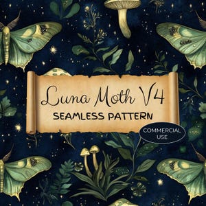 Könnte beinhalten: Ein nahtloses Muster mit Luna-Motten, Pilzen und Blättern auf einem dunkelblauen Hintergrund mit goldenem Glitzer. Der Text "Luna Moth V4 Seamless Pattern" ist auf einer Schriftrolle geschrieben. Der Text "Commercial Use" ist in einem Kreis geschrieben.