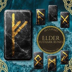 May include: A set of Elder Futhark runes featuring gold symbols on black stone. The image shows a large rune and several smaller ones, accompanied by a circular emblem that reads "Elder Futhark Runes".