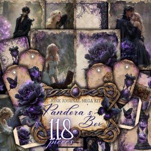 May include: A digital junk journal mega kit titled "Pandora's Box" with 118 pieces. The design features a collage of vintage-style images, including illustrations of people, flowers, butterflies, and tags, all in shades of purple and brown.