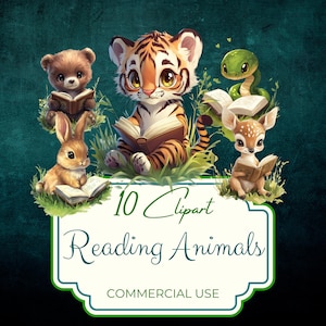 Animals Reading Book Clipart x10, commercial use, cute kawaii tiger lion bunny snake monkey bear deer raccoon sloth owl, digital art, CC337